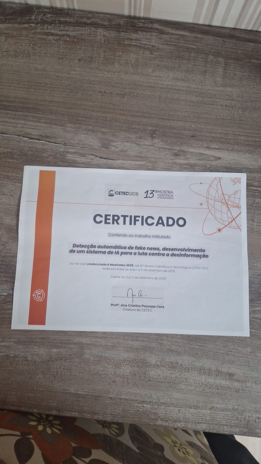 Participation certificate from the 2025 Scientific Fair